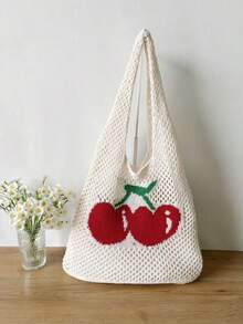 New Summer Hollow Out Shoulder Bag, Pink Knitted Bag, Handmade Crochet Fashion Beach Minimalist Tote Bag, Cherry Print Crochet Large Capacity Travel Shopping Handbag For Women - Multicolor - View 2
