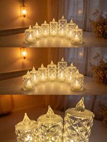 INS Style Diamond Grid Crystal LED Electronic Candle, Living Room & Dining Table Decor With Elegant Ambiance, Warm Light Simulated Flame, Party & Wedding Decoration, Birthday/Housewarming Gift, Battery Powered High-End Home Decor - Multicolor - View 2