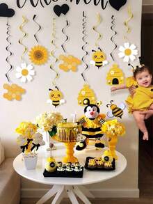 1set Bumble Bee Hanging Swirl Decorations, Bee Party Hanging Swirls Foil Ceiling Streamers Honey Bee Themed Party Supplies For Kids Birthday Baby Shower Gender Reveal Bee Party Decoration - Multicolor - View 5