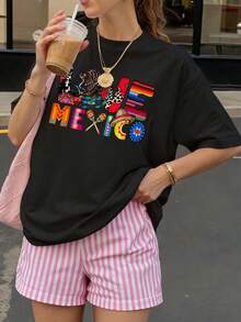 Camiseta Oversize Negra con Estampado Mexico Colorido para Verano y Playa - Negro - Ver 1