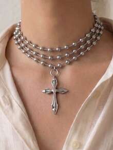 1 pieza Collar con colgante de cruz de estilo punk, collar de múltiples capas con cuentas de metal de 4 mm plateado, adecuado para uso diario, fiestas, festivales de música, regalo diario, regalo de joyería para mujeres - Plateado - Ver 2