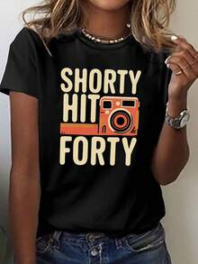 Camiseta de manga corta para mujer Trendy 2026 con cuatro diseños, top casual de cuello redondo, patrón geométrico, tela de algodón puro, longitud regular para primavera y verano, camiseta estampada. - Negro - Ver 7