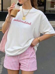 Women's Short-Sleeved T-Shirt, Casual Style, Round Neck - Printed Design, Soft And Comfortable Fabric, Machine Washable, Pink Summer Top - Urban Casual Style Cotton Cropped T-Shirt. - 白色 - 查看 8