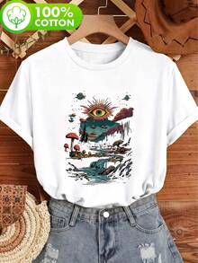 Fashionable Casual Pure Cotton Crew Neck Short Sleeve For Women, With A Versatile Regular Fit. Printed With Cartoon Forest Patterns, Suitable For Commuting, School And Casual Outings In Spring, Summer And Autumn. White - White - View 2