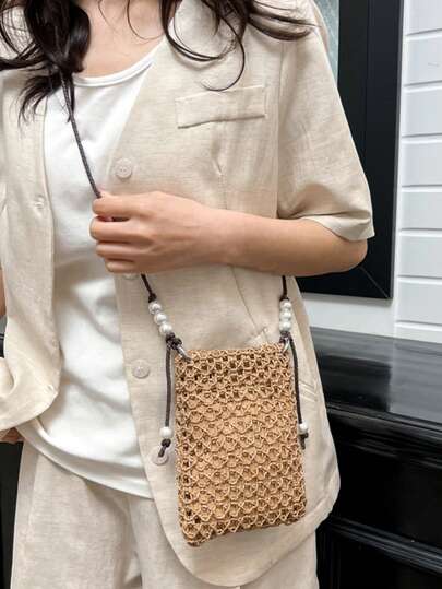 Delicate Hollow Woven Phone Bag, Faux Pearl Decor Adjustable Strap Crossbody Bag, Versatile Mini Bag For Beach Holiday & Daily Wear