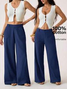 SUN 100% Washed Cotton Low Waist Straight Pants Linen Pants For Women Pants For Summer Cotton Pants Women Wide Leg Pants Women Pants For Summer, Fall, Fall Clothes For Women Pants For Summer - Màu xanh hải quân - Xem 6