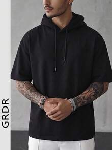 GRDR Camiseta de manga corta con capucha casual de gimnasio y fitness clásica para hombre, de verano - Negro - Ver 2