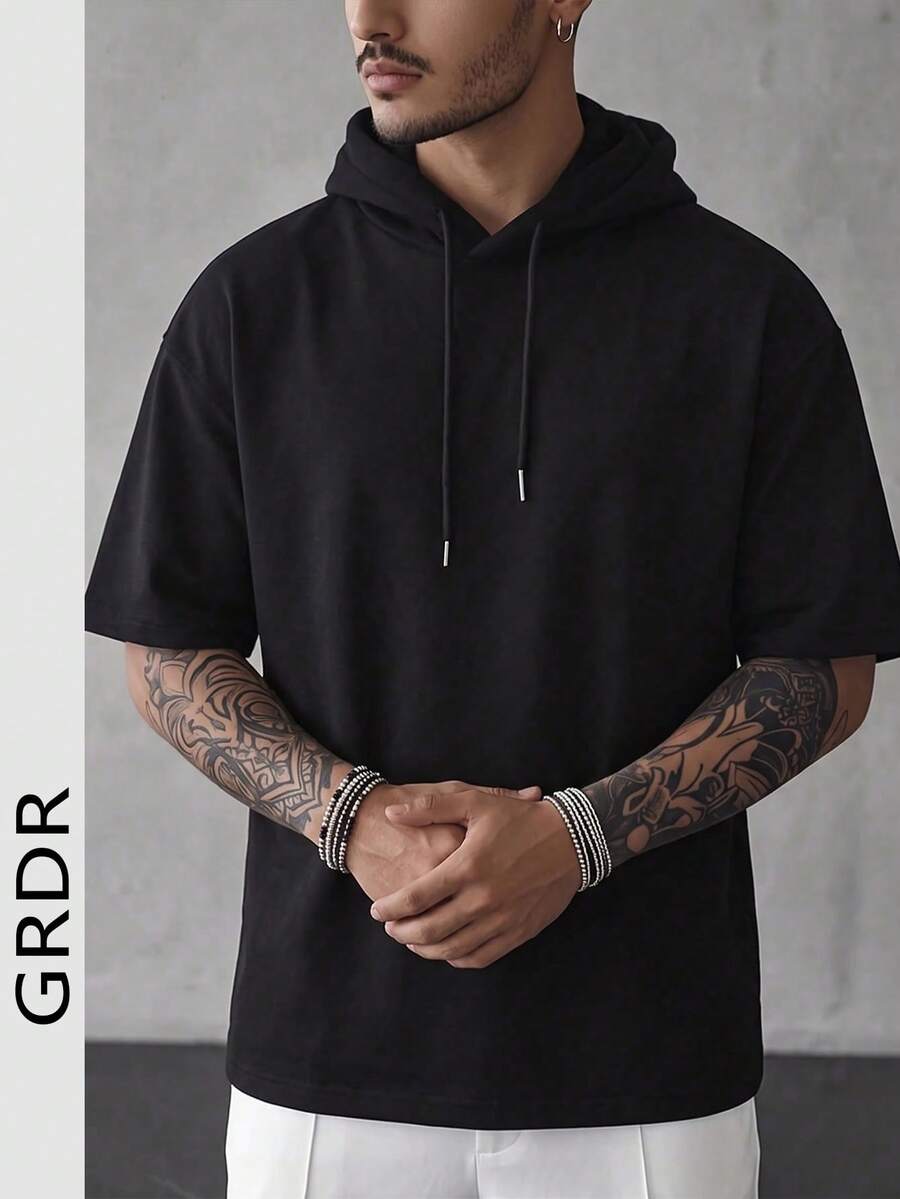 GRDR Camiseta de manga corta con capucha casual de gimnasio y fitness clásica para hombre, de verano