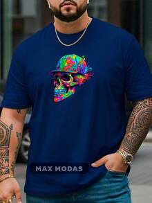 Stylish Modern Men's Plus Size Streetwear T-Shirt With Colorful Skull Print, Crew Neck, 100% Cotton, Comfortable Breathable Fabric, Suitable For Gym Or Casual Wear (Sizes G1, G2, G3, G4, G5) - 藏蓝色 - 查看 1