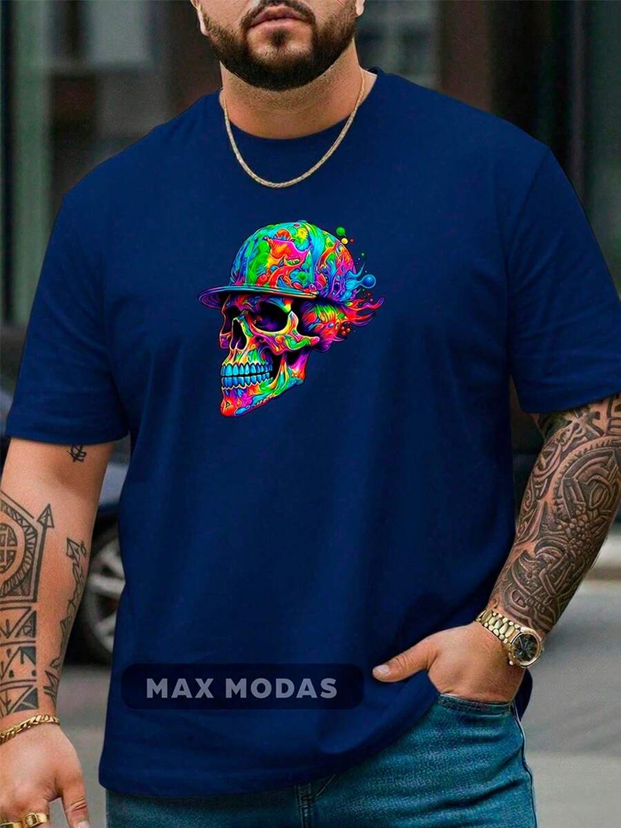 Stylish Modern Men's Plus Size Streetwear T-Shirt With Colorful Skull Print, Crew Neck, 100% Cotton, Comfortable Breathable Fabric, Suitable For Gym Or Casual Wear (Sizes G1, G2, G3, G4, G5) - 藏蓝色 - 查看 1