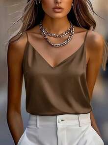 1 pieza Camiseta sin mangas de satén de unicolor elegante y de moda para mujer, adecuada para verano, citas por la noche, oficina, vacaciones, uso casual diario - Café oscuro - Ver 5
