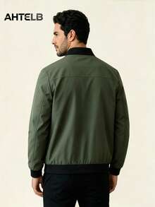 AHTELB Men's Spring/Autumn Jacket, Solid Color Long Sleeve Outerwear, Varsity Baseball Collar Jacket, Jacket For Men Men Jacket Sports - Green - View 3