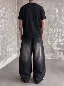 Men's Patchwork Wide Leg Jeans, Casual Street Goth Design Straight Leg Pants, Suitable For All Seasons - Black - View 2