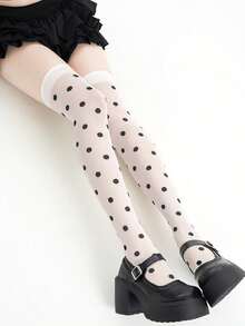 1 Pair White Polka Dot Thigh High Socks, Fashionable Sexy Stockings For Stylish Ladies, Spring/Summer - Multicolor - View 2