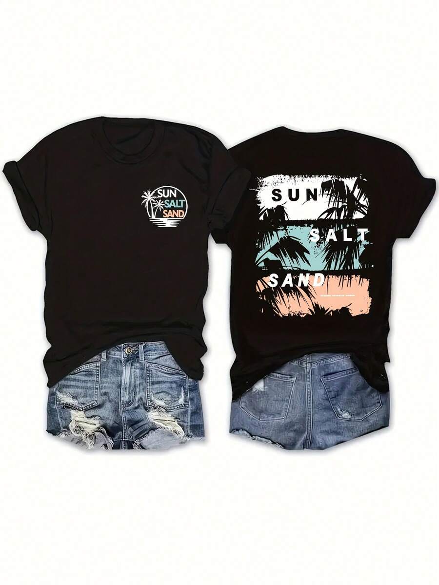 Plus Size - Plus Size - Fashion Reversible Short Sleeve T-Shirt With Letter And Coconut Tree Print, Crew Neck, Plus Size, Spring Outfit - Black - View 1