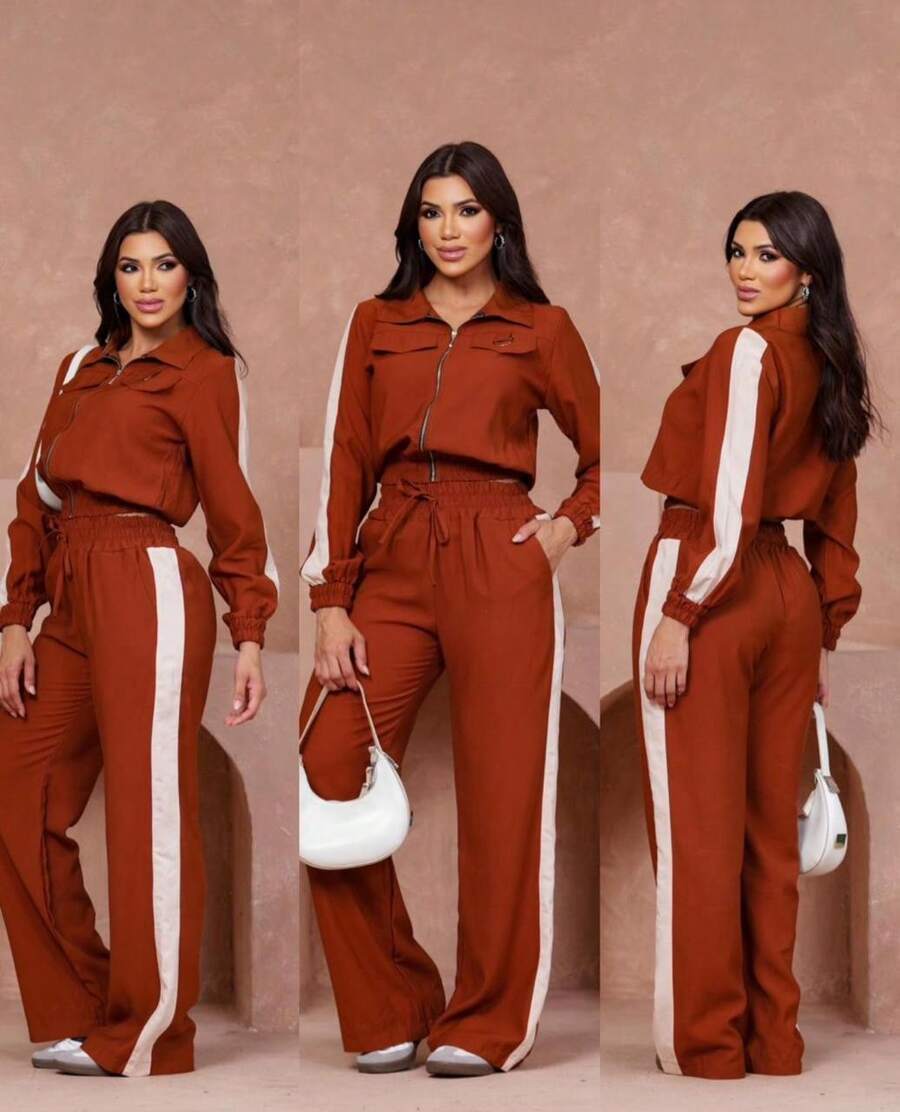 Women's Two-Tone Formal Outfit, Elegant And Comfortable For Travel, Chic Striped Set. - Burnt Orange - View 1