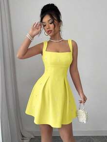 Vestido casual de mujer con parches de unicolor, tirantes anchos y cuentas - Amarillo claro - Ver 4