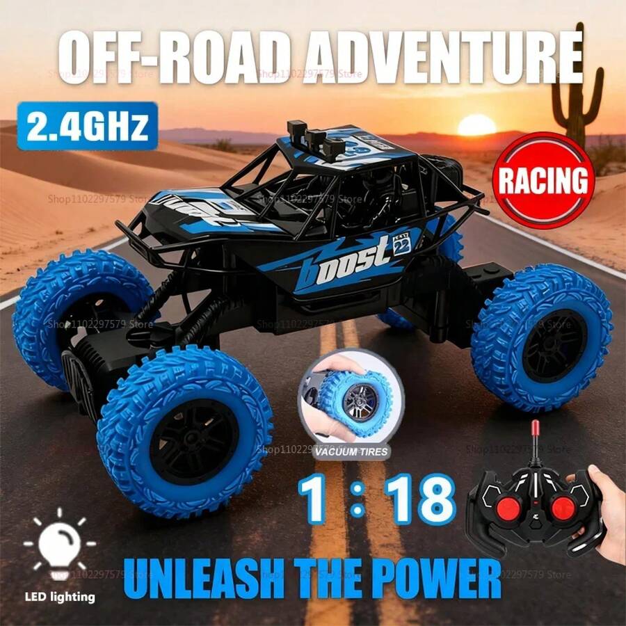 Coche de carreras RC para niños, coche todoterreno con Control remoto con luces LED coloridas, neumáticos de goma, regalos para niños, juguetes para jugar al aire libre - Azul 1B - Ver 1
