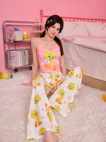 OBM Sleepwear X LOONEY TUNES 两件套女士睡衣：粉色吊带睡裙 + 印花家居裤 - 彩色 - 查看 3