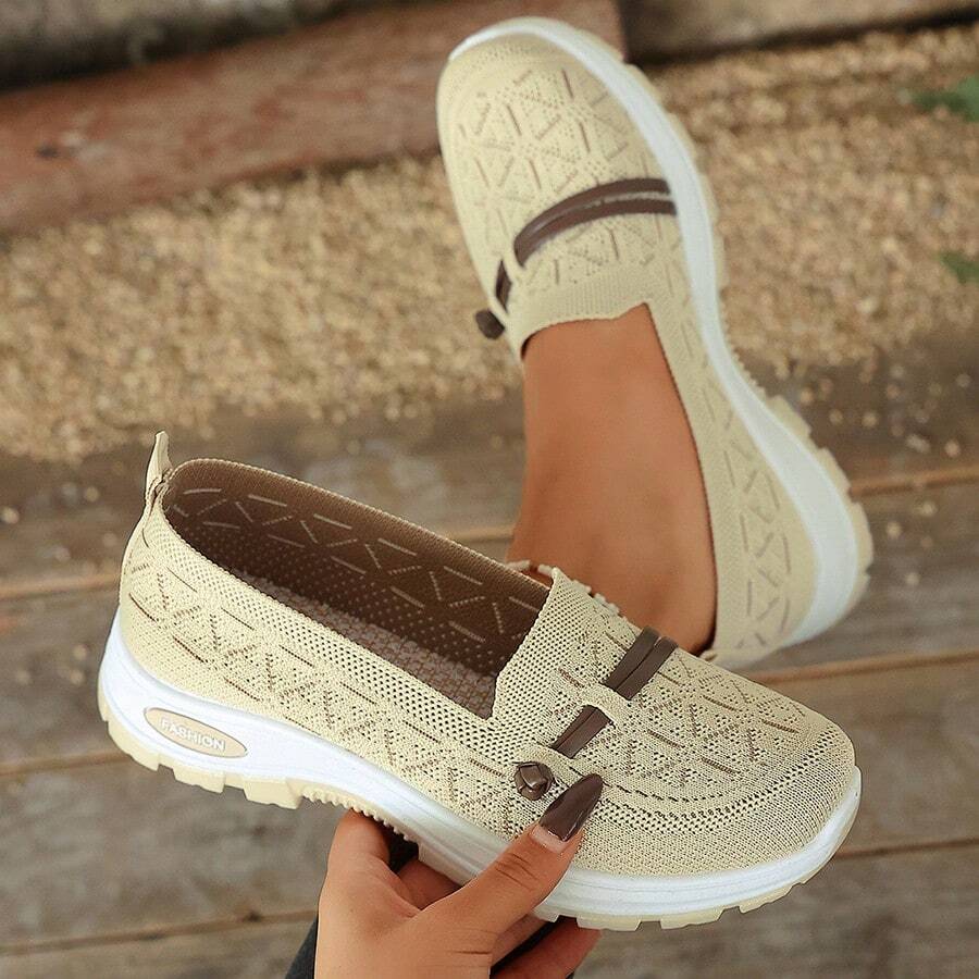 Mocasines de punto beige para mujer - Plantilla acolchada transpirable, suela flexible, zapatos casuales de fácil puesta - Negro - Ver 1
