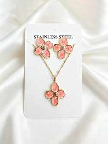 一套四叶花吊坠项链耳环耳钉，304不锈钢材质，精致优雅，适合日常佩戴，母亲节礼物 - 四葉花 - 查看 8