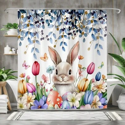 1 chiếc rèm tắm 2D hình thỏ mùa xuân với họa tiết hoa lá, hoa dại và bướm đầy màu sắc, hình thỏ dễ thương, trang trí nhà cửa theo phong cách nông trại, phụ kiện phòng tắm mang đến nét thiên nhiên cho phòng tắm của bạn.