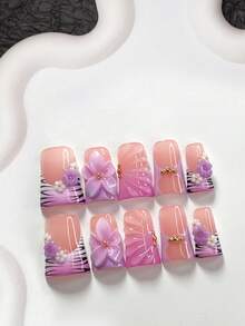 10 Pcs Noble Knight Style Polygel Nail Set,Acrylic Press-On Nails,3D Purple, White Camellia,Hand-Sculpted Purple Five-Petal Flower Nail Art Accessories,Hand-Drawn Solid-Color Ripples,Black Branches,Purple Gradient Slap Bracelet,Purple Gradient Nail Polish,Elegant Style,Comes With Nail Tools(1 Sheets Jelly Stickers+1PC Nail File)3 Sizes Available, Almond Nails, Duck Nails,Coffin Nails,Suitable For Commuting, Dates, Everyday Wear, Formal Occasions,Great Gift For Ladies And Girls Press On Nails - 彩色 - 查看 15