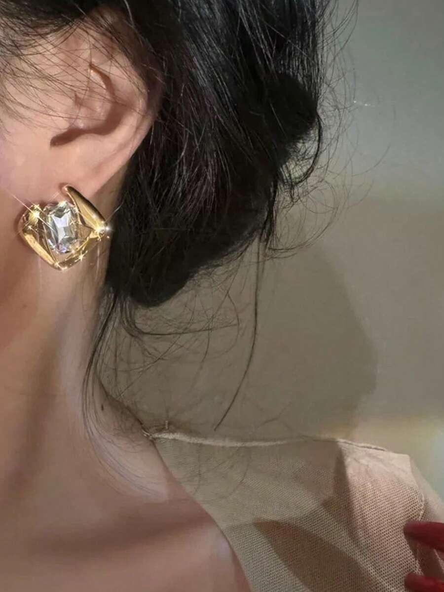 1 par de pendientes cuadrados geométricos elegantes y lujosos con incrustaciones de rhinestone, diseño de alta gama adecuado para uso diario, viajes al trabajo, festivales y fiestas de mujeres
