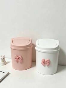 Decorative Bow Tie Mini Desktop Trash Can With Lid, Plastic Rotating Cover, Non-Electric Cylindrical, Suitable For Home, Office, Kitchen, Bedroom Vanity And Daily Use - Multicolor - View 9