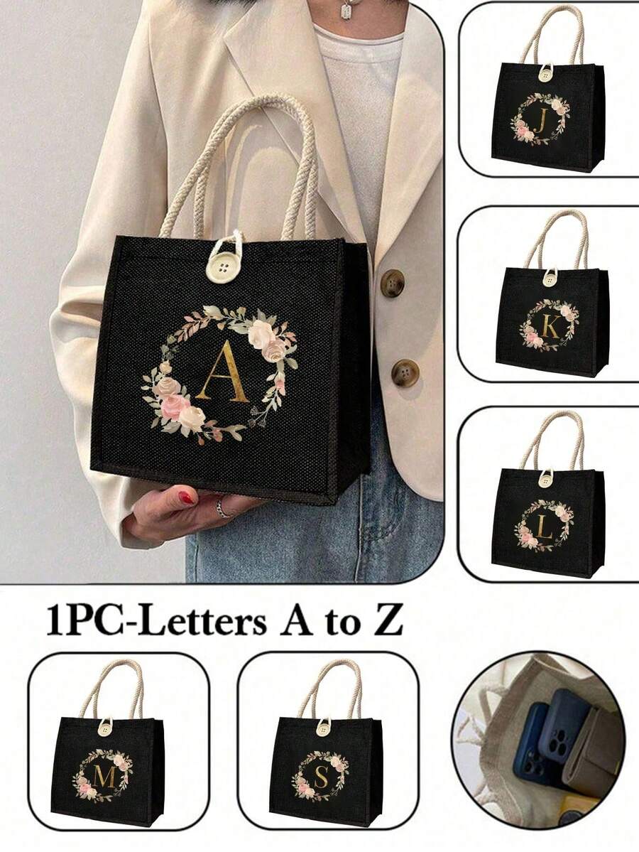 1pc Minimalist Letter Print Canvas Tote Bag, Multipurpose Portable Teacher's Handbag, Women's Gift, Graduation Gift, Letter Pattern Gift Bag, Large Capacity Women's Handbag With Printed Pattern, Reusable Shopping Bag Suitable For Daily Use, Vacation, Commuting To Work, Travel - Multicolor - View 1