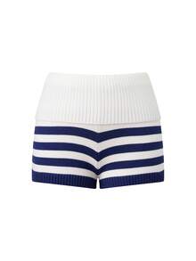 Women Striped Knit Micro Shorts Fold Over Elastic Waist Slim Fit Mini Bottom Y2k Lounge Sweater Shorts Summer Going Out Streetwear - Dark Blue - View 7