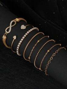 8pcs Bracelet Set, Beach-Inspired And Fashionable, Featuring Heart, Round Gem, Drop,, And Lucky Elements, Suitable Women's Daily Wear Or Night Out Party. Set Includes Bracelets And Bangles With Simple & Stylish Design, Decorated With Rhinestones And Heart-Shaped Charms. Any Occasion! Valentines,Mom,Mother,Mother's Day, - 主圖款 - 查看 5