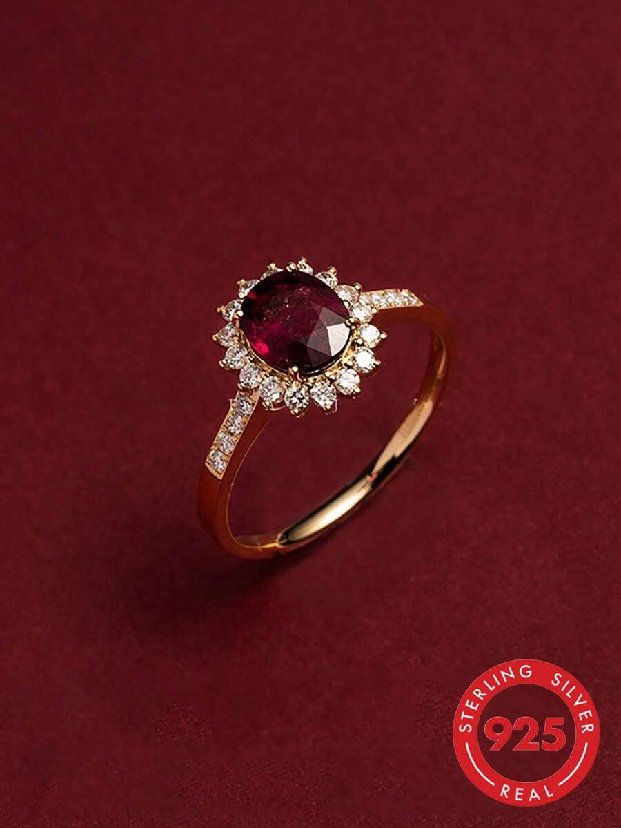 BALMORA 1 pièce bague en argent S925 plaqué or 18 carats avec rubis vintage et zircone cubique, bague exquise et élégante pour un cadeau pour filles