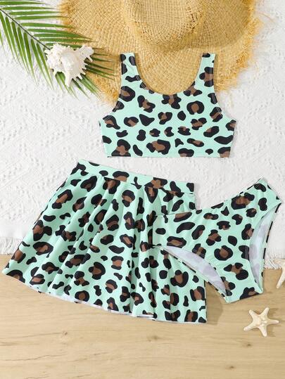 Tween Girl Leopard Print Bikini Top, Triangle Panty And Mini Skirt 3-Piece Swimwear Set, Suitable For Summer Vacation And Beach