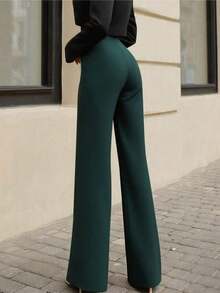 Pantalones rectos negros elegantes y casuales para mujer, pantalones de verano con cintura asimétrica en V para acentuar las curvas, adecuados para la escuela, el uso diario, el trabajo, las citas y las vacaciones de primavera - Verde Oscuro - Ver 3