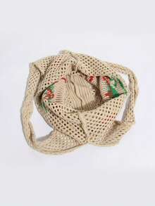 New Summer Hollow Out Shoulder Bag, Pink Knitted Bag, Handmade Crochet Fashion Beach Minimalist Tote Bag, Cherry Print Crochet Large Capacity Travel Shopping Handbag For Women - Multicolor - View 6