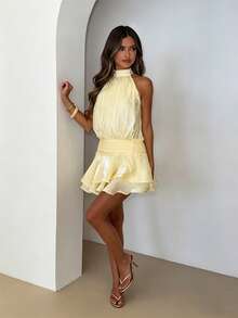 Women's Pleated Waist Sheer Mesh Ruffle Mini Dress Summer Casual Halter Neck High Neck Bodycon Short Dress Self-Tie Backless Sundress Party Clubwear - F194474-yellow - 查看 2