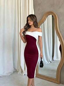 Vestido midi feminino elegante e moderno com cores contrastantes, modelo lápis de manga curta, ideal para festas no verão. - Borgonha - Ver 2