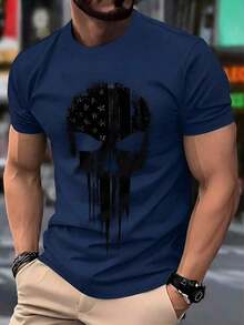 Camiseta casual de cuello redondo para hombre, hecha de tela de punto de poliéster con un ligero estiramiento, ajuste regular, decorada con estampado 3D de calavera y rayas patrióticas en los hombros, una camiseta gráfica novedosa. - Azul marino - Ver 12