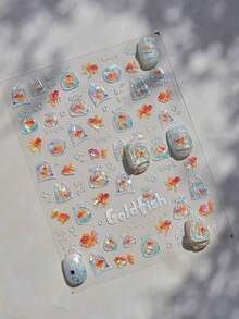 1pc 5D Goldfish Red Koi Bubble Nail Art Decals Ocean Series Starfish Jellyfish Sea ​​Fish Nail Sticker Summer Nail Slider Decor - Multicolor - View 3