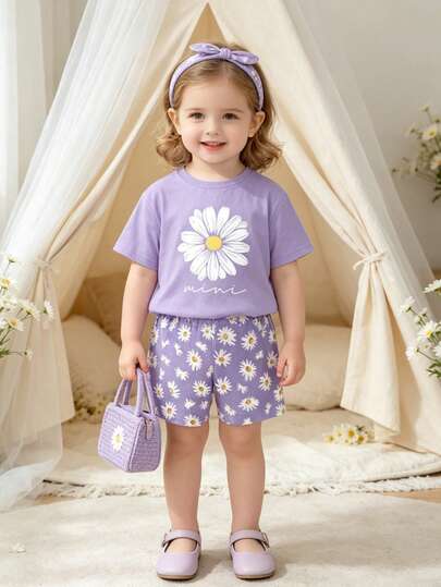 2pcs/Set Baby Girls' Short Sleeve Shorts Set, Purple Floral Print Casual Outfit, Toddler Round Neck T-Shirt + Elastic Waist Shorts, Suitable For Outdoor Daily Wear, 0-3 Years Old, Gift For 6-9 Months, Casual, Party, Holiday