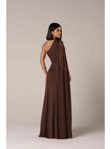 Long Wedding Dress For Bridesmaid - Flowing Style With Cape And Slit - Rust Brown - View 3