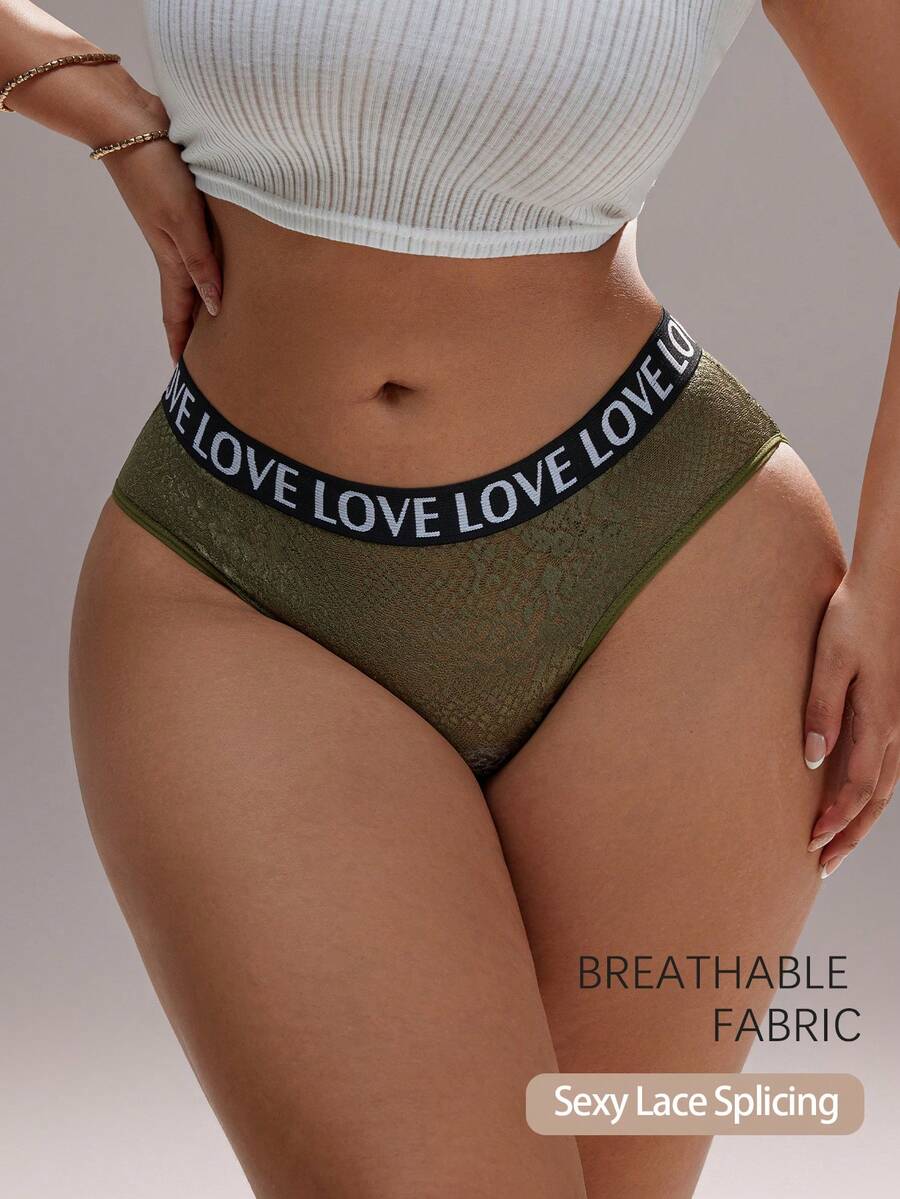 Plus Size Women's Sexy Lace Patchwork Seamless Panties, Comfortable Letter Waistband Sports Bra, Tummy Control Shapewear