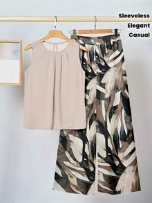 Women's Loose Fit Two Piece Outfit, Round Neck Sleeveless Top & High Waist Wide Leg Pants Set, Spring Summer Set For Home Leisure, Street Wear, Outdoor Activities & Daily Wear - 黑色 - 查看 4