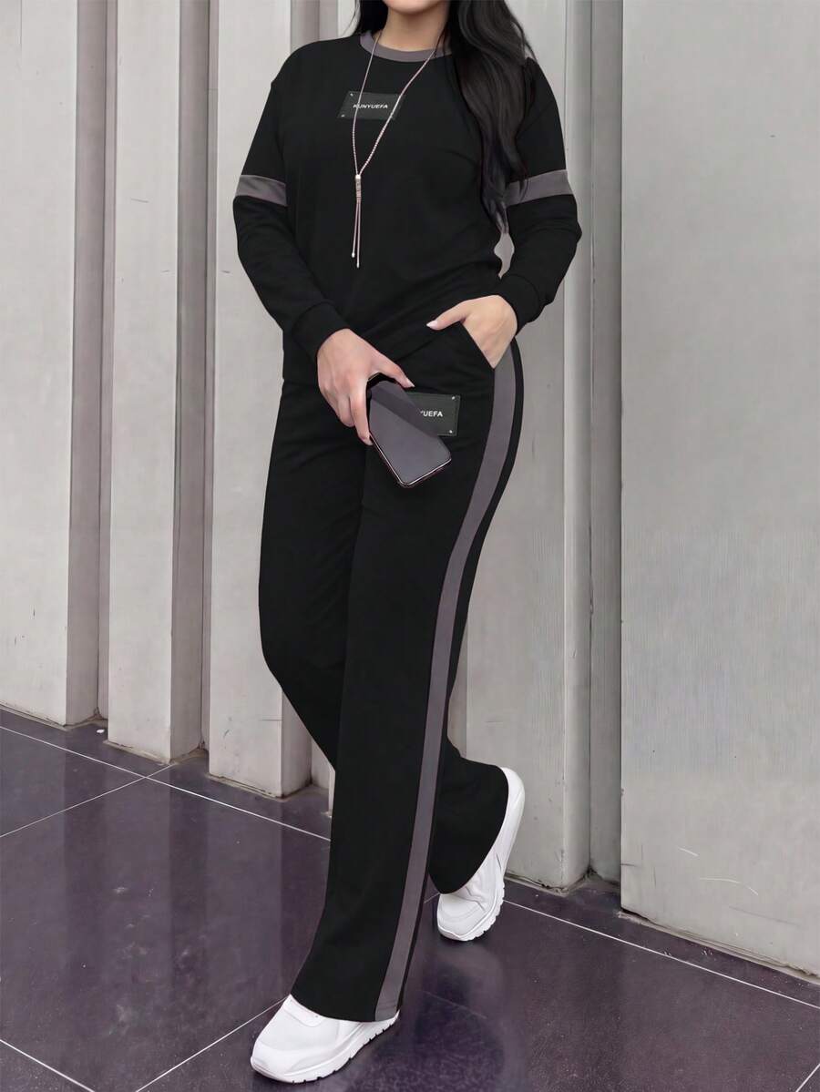 两件套女士休闲宽松条纹印花圆领长袖T恤搭配松紧腰阔腿裤,舒适日常通勤装,春秋季黑色优雅款 - 黑色 - 查看 1