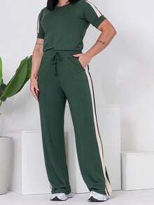 Women's Casual Set, Pants, Top With Side Stripe, Elegant Color Block, Casual, Elegant, Side Stripe, Pocket, Button, Beach, Evening, Holiday - 軍綠色 - 查看 4