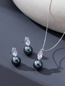 Bộ 3 món trang sức tối giản màu trắng gồm bông tai và dây chuyền, phụ kiện cô dâu dự tiệc thanh lịch, sang trọng để đeo hàng ngày. - Xám - Xem 1