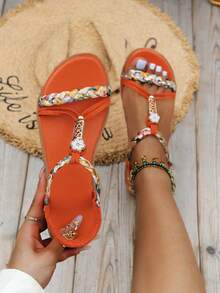 WRCVS Giày sandal nữ màu cam, giày mùa hè, giày dệt, giày đi biển nhẹ chống trơn trượt, họa tiết hoa ngẫu nhiên, giày nghỉ dưỡng phong cách Bohemian đính hạt thủ công, giày retro ngoài trời. - trái cam - Xem 4