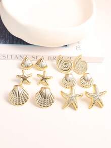 Juego de 2-12 piezas de pendientes con estilo bohemio de conchas, estrellas de mar y caracolas doradas, elegantes y versátiles, adecuados para mujeres en todas las estaciones, el mejor regalo para mamá o novia - Multicolor - View 5