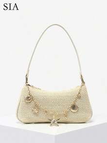 1pc Women's Vintage Resort Ocean Creature Faux Pearl Cherry Blossom Floral Faux Fur Tail Woven Crossbody Bag, Suitable For Dates, Outings, Vacations - 杏子 6 - 查看 2